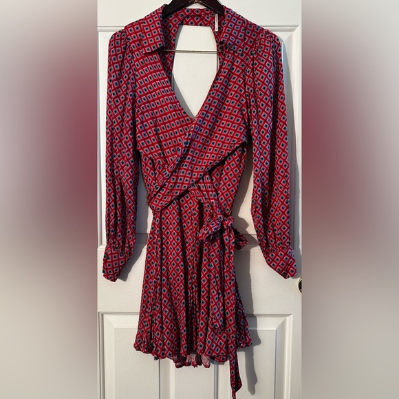 FREE PEOPLE S It Takes Two Lng Sleeve Geometric Belted Open Back Mini Dress Pink - Picture 3 of 14